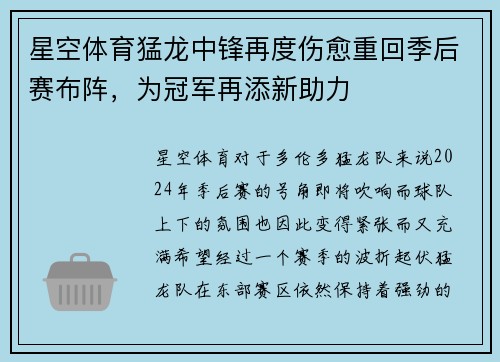 星空体育猛龙中锋再度伤愈重回季后赛布阵，为冠军再添新助力