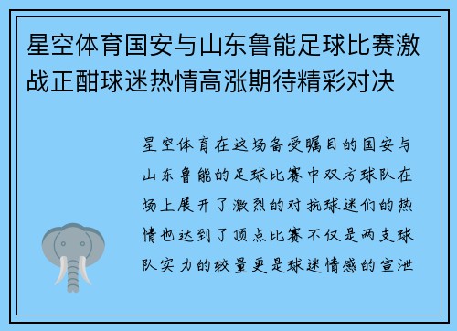 星空体育国安与山东鲁能足球比赛激战正酣球迷热情高涨期待精彩对决